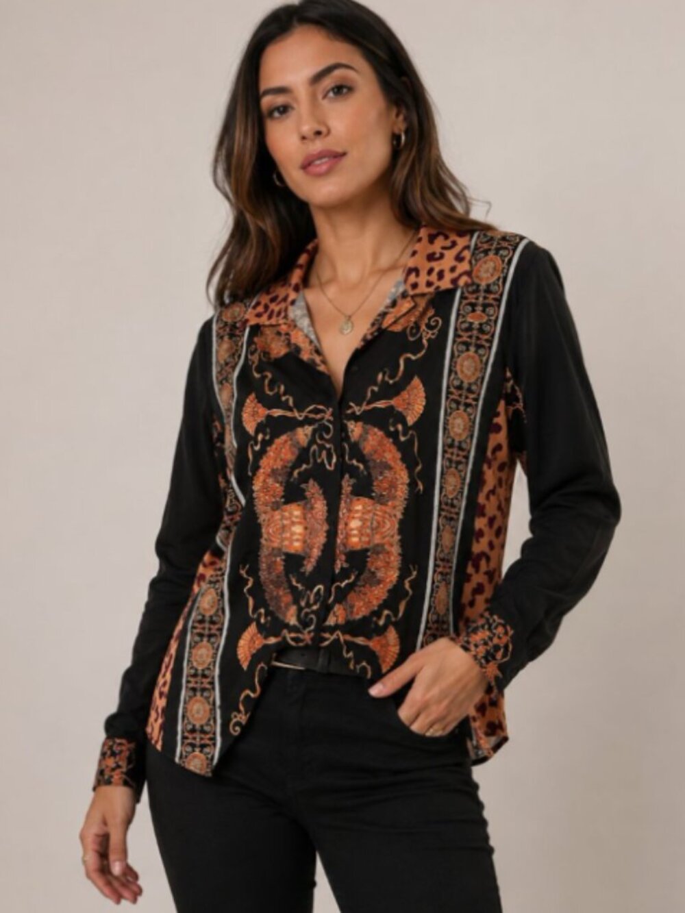SHEIN Black Baroque Leopard Print Button Down Shirt Women's Size M